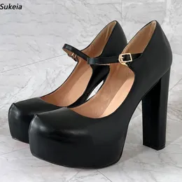 Sukeia Handmade Women Platform Pumps Faux Leather Chunky Heels Round Toe Classics Black Party Shoes Ladies US Plus Size 5-20