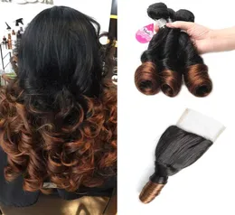 Mink Ombre Brazilian Ombre Spring Curl Hair Bundles 10A 2 Tone Ombre Virgin Cabello humano Spring Curl con parte de encaje Closure3420401