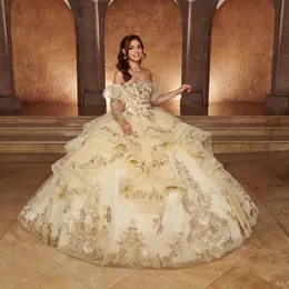 Goldene Perlen Spitzenkleider von Schulterballkleid Korsett Geburtstagsfeier Vestidos de 15 Quinceanera