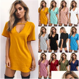 Women'S T-Shirt 11 Color Sexy Women Clothes Fashion T Shirt Solid Vneck Summer Casual Short Sleeve Long Top Tee Drop Delivery Appare Dhhfn