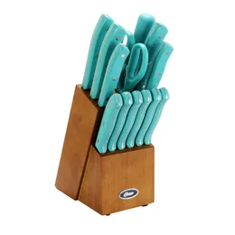 أوستر إيفانسفيل 14 قطعة أدوات مائدة فولاذ مقاوم للصدأ مع مقبض بلاستيكي الفيروز وكتلة خشب مطاطية أسود