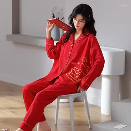 Women's Sleepwear Pyjama Pour Femme Pure Cotton Winter Pajamas Set Red Bride Plus Size Pijamas Women Long Sleeve Night Suit 3XL 4XL