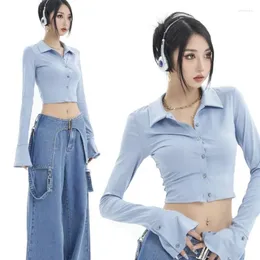 البلوزات النسائية Hikigawa 2023 Spriong Summer Blue Under Twlar Flare Long Sleeve Thirts Y2K Slim Button Up Plouse Chic Crops Tops Mujer