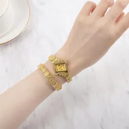 ساعة معصم أزياء النساء يشاهد سوار كريستال الفاخر فستان Wristwatch Lydies Gold Watch Bracelets 2pcs مع صندوق