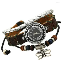 Armbandsur kvinnor äkta läder vintage kvarts klänning titta på längden justerbar armband punk stil handgjorda flätar armbandsur gåva jul