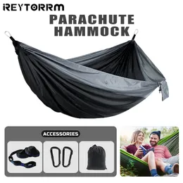 Portaledges Camping Hammock 260x140cm Podwójny przenośny hamak z 2 paskami drzewnymi lekkimi hamakami do podróży na plaży Patio wędrówki 230603