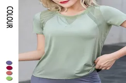 Лучшая Xiaobaigou A Yoga Sports Sport Shirt Mesh Women Fitness Fitness Clothing с коротким рукавом с твердым свободной подготовительной футболкой ActiveWear1080990