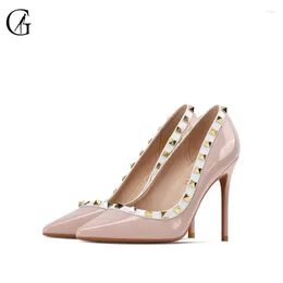Dress Shoes GOXEOU Women's Pumps Patent Leather Nude High Heels Shallow Rivet Decoration Party Sexy Fashion Office Lady Size 32-46