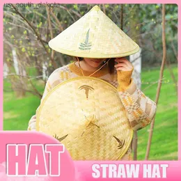 Vintage Style Bamboo Rattan Fisherman Hat Handmade Weave Str Bucket Hat Tourism Rain Dance Props Cone Fishing Sunshade Hat L230523