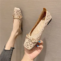 Fashion 2023 spring and summer hollowed out bean womens shoes breathable soft sole square head single shoe flat maternity shoes