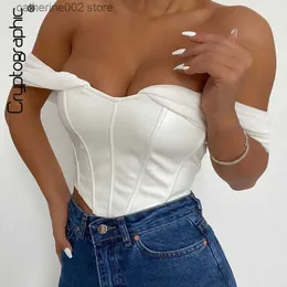 Women's Tanks Camis Cryptographic PU leather Sexy Bustier Corset Top Off Shoulder Chiffon White Strapless Female Top Cropped Tops Women Clothes T230605