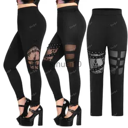 Calça Feminina Capris ROSEGAL Plus Size Gotic Lace Panel Mesh ds Gaiola Cutout Pants Black Women Sexy Pull On Lings Skinny Trousers Mujer 4XL J230605