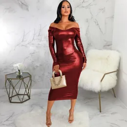 Casual Dresses Birthday Outfits For Women Solid Color Long Sleeve Slash Collar Sheath Party Night Club Elegant Robe