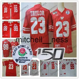 MIT8 2020 Wisconsin NCAA Football #23 Jonathan Taylor 16 Russell Wilson 99 JJ Watt Red White Rose Bowl NCAA 150th CFB Jersey