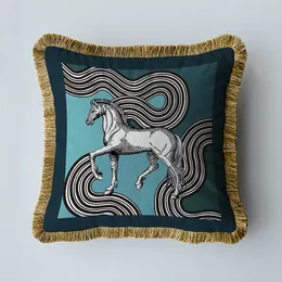 Luxury 45*45cm European Style Velvet Double sided Horse Print Tassel Sofa Cushion Cover Pillowcase Without Core Office Room Seat 2023070705