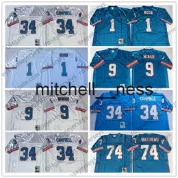 MIT8 남자 NCAA Oilers #9 Steve McNair Light Blue Vintage Jersey #34 Earl Campbell #74 Bruce Matthews #1 Warren Moon White 스티치 레트로 성인