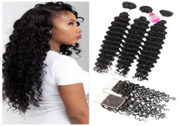 Brazilian Deep Wave Bundles with Closure 10A Brazilian Virgin Hair Wet and Wavy Human Hair Weave with Lace Closure Middle 3 P7783826