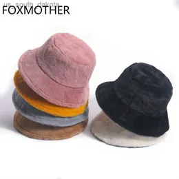 FOXMOTHER Winter Outdoor Vacation Lady Panama Black Solid Thickened Soft Warm Fishing Cap Faux Fur Rabbit Bucket Hat For Women L230523