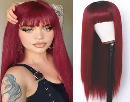 Red Wigs Full Neat Bangs Long Silky Straight Wig Heat Resistant Synthetic Fiber Hair Dark Roots Ombre Color Glueless Full Machine 4253250
