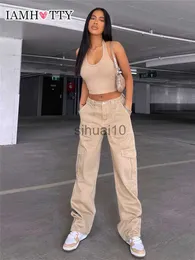 Spodnie damskie capris vintage khaki dżinsy na nogach dżinsy wysokie talia duże kieszenie w lupgy dżinsowe spodnie swobodne spodni ulicy iamhotty J230605