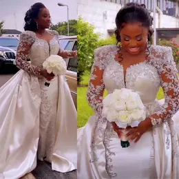 Suknie ślubne syreny afrykańska nigeryjska suknia ślubna Orskurt długie rękawy koronkowe aplikacje z koralikami Siek