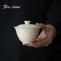Teewaren 140ml Retro Pflanze Asche Glaze Keramik Gaiwan weißes Porzellangeprägter Kunstschale mit Deckel Kung Fu Tee Tee Maker Gaiwan Hand Grab Topf