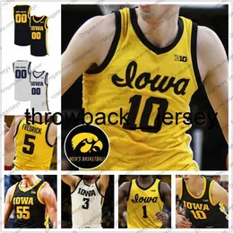 Thr Custom Iowa Hawkeyes 2020 Yeni Sarı Basketbol #55 Luka Garza 10 Wieskamp 22 McCaffery 5 Fredrick 3 Bohannon Murray Beyaz Siyah Formalar 4xl