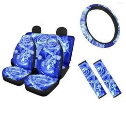 Car Seat Covers Gothic Blue Rose Design Sweat Absorption Durable Auto Steering Wheel Cover Set Vehicles Interior Decor Seatbelt