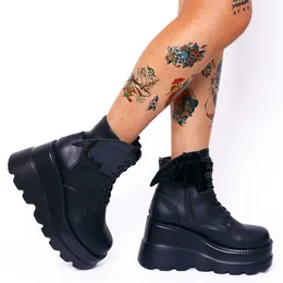 Bottes Goth chauve-souris plate-forme compensées bottines à talons femmes noir hiver Punk moto bottes décontracté Cosplay dames chaussures femme Z0605