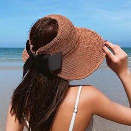 Breda randen hattar koreanska halm hatt kvinnor sommarsol skydd tom topp strand resor anti-ultraviolet ansikte täcker stort fällbart mössa