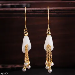 Stud Earrings KJJEAXCMY Boutique Jewelry S925 Sterling Silver Gold-plated Women's Flower Hetian Jade Tassel