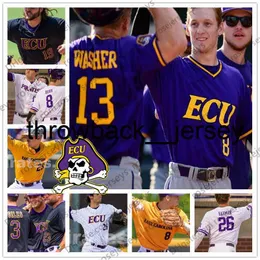 thr Custom East Carolina Pirates 2019 ECU Baseball Any Name Number Purple White Black Yellow 13 Jake Washer 8 Turner Brown Men Youth Jersey