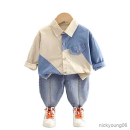 Completi di abbigliamento 2023 Completi per neonato in stile coreano Set per bambini Tute per ragazzi Camicie a maniche lunghe patchwork Jeans 2 pezzi Neonato per bambini