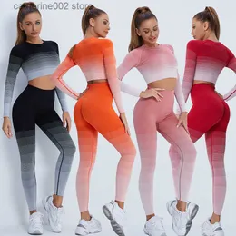 Dostyki dla kobiet płynne zestawy gradientu sportowe fitness Wys High Wasit Peach Hip Uzniste spodnie Długotropeeved Suit Trening Leggings dla kobiet T230605