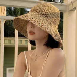 Wide Brim Hats 2023 Sun Hat for Women Hollow Protection Raffia Straw Summer Panama 접이식 해변 여성 Chapeau