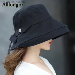 Panama 2023 Summer Black Bow Bucket Hat Women Fashion Korea Bob Cotton Gorro Pescador Mujer Sun Hat Fishing Cap Chapeu Pescador L230523