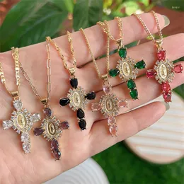 Pendant Necklaces 2023 Religious Fashion CZ Micro Pave Multi Color Virgin Mary Cross Pendants Necklace Making Jewelry Supplies Women Gift