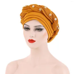 Wide Brim Hats Braid Silky Turban For Women Cancer Chemo Beanies Cap Headwrap Headwear Soft Beanie Pearls Twisted Hijab Scarf