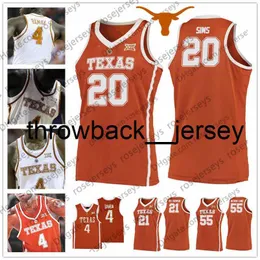 thr NCAA Texas Longhorns #20 Jericho Sims 21 Dylan Osetkowski 55 Elijah Mitrou-Long laranja branco College Basketball Jersey S-4XL