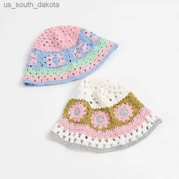 Korean Japan nisch design bomull stickad virkning hink hatt fiskare hatt kvinnors nya söta handgjorda ihåliga bassäng beanie hatt l230523