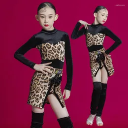 Vestimenta de Palco Moda Dança de Salão Trajes para Concursos Preto Leopardo Veludo Top Saias Terno Dividido Meninas Roupas Latinas Vestido SL7802
