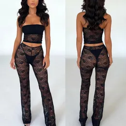 Women's Two Piece Pants Combhasaki Women Sexy Y2K 2PCS Floral Lace See-through Outfits Set Strapless Bandeau Tube Tops Elastic Straight Long