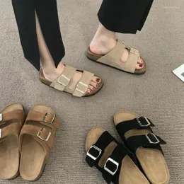 Slippers Trendy Women's Flat Heel Thick Sole Round Toe Belt Buckle Casual Versatile Leather Shoes Chinelos Femininos De Luxo