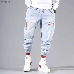 Уличная одежда хип -хоп грузовые брюки мужские джинсы грузовые брюки эластичные брюки харуна бегают брюки осенью и зимой L230520
