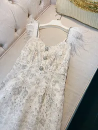 2023 Summer Embroidery Tulle Sequins Dress Spaghetti Strap Sweetheart Neck Panelled Feather Knee-Length Casual Dresses A3L041214