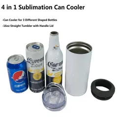 4 in 1 Sublimation 16oz Straight Tumblers Mugs Blanks White Can Coolers for 12oz 330ml 335ml Cola Beer Cans Slim Bottles Stainless7306941