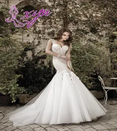 2014 New Custom Made Lace Mermaid Wedding Dresses With Strap Backless Sweetheart Sleeveless Beaded Applique Court Train Ivory Brid5110188