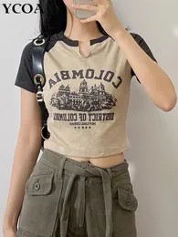 女性のTシャツ女性クロップトップY2K Tシャツ半袖スリム夏ヴィンテージティー韓国ファッションハラジュクKPOPストリートウェア2000S衣類230606