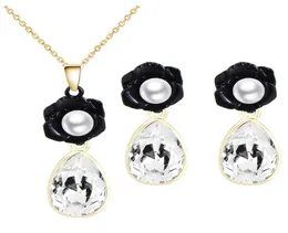 Brincos de colar de cristal em forma de lágrima de flor preta conjunto de joias de noiva de alta qualidade joias baratas para mulheres 800066789691