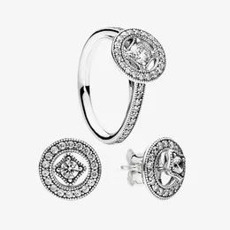 Vintage Circle Ring & Stud Earring sets Women Wedding Jewelry for Pandora 925 Silver CZ diamond Rings and Earrings with Original b222U